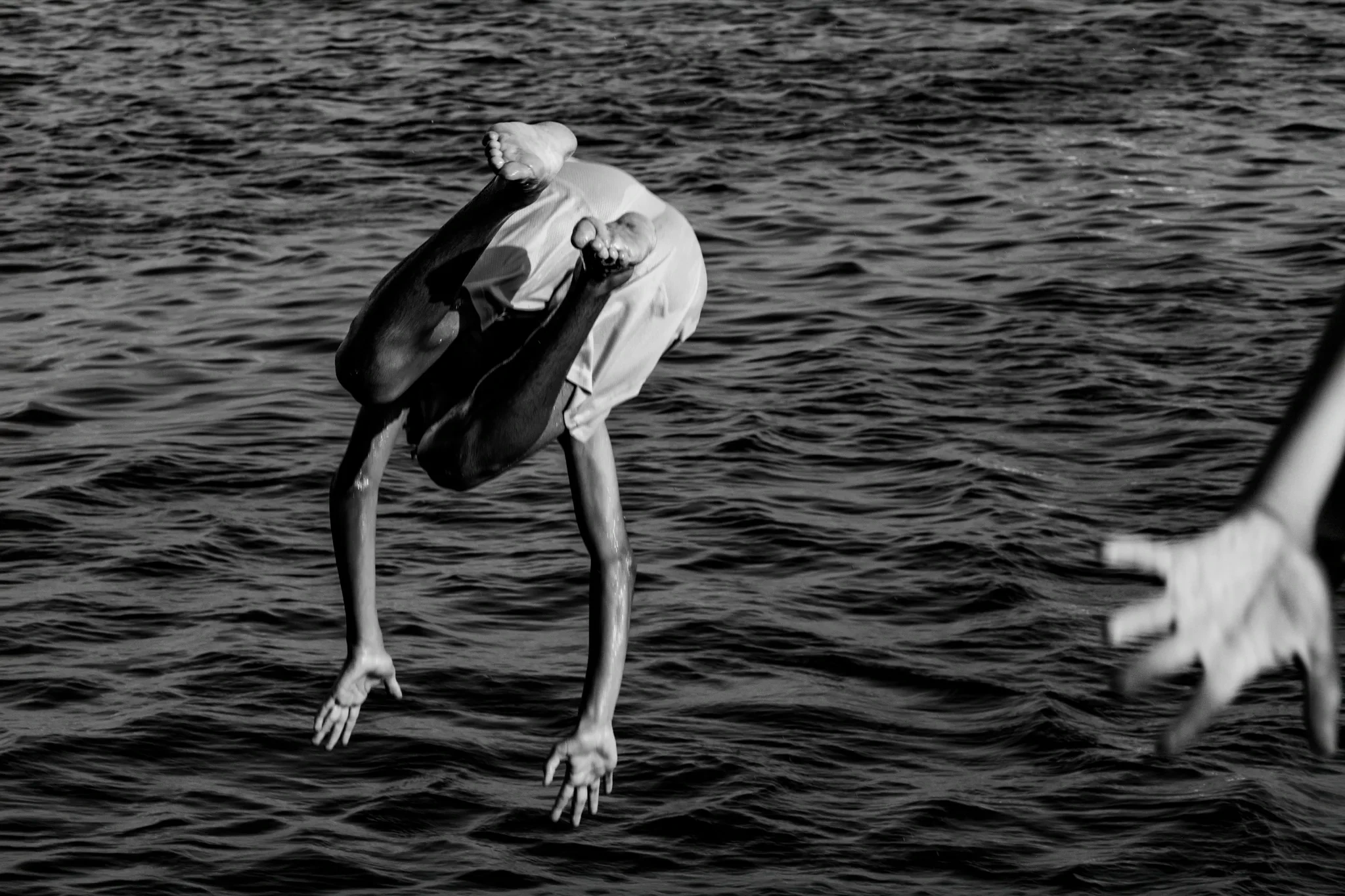 Plongeon acrobatique devant la surface de la mer